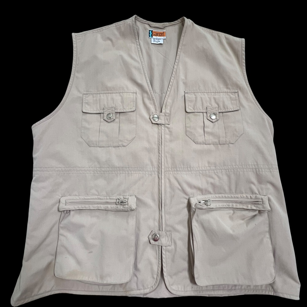 Vintage Gullivers Mens Utility Vest Tan Khaki Multi Pocket Fishing Safari XL‎
